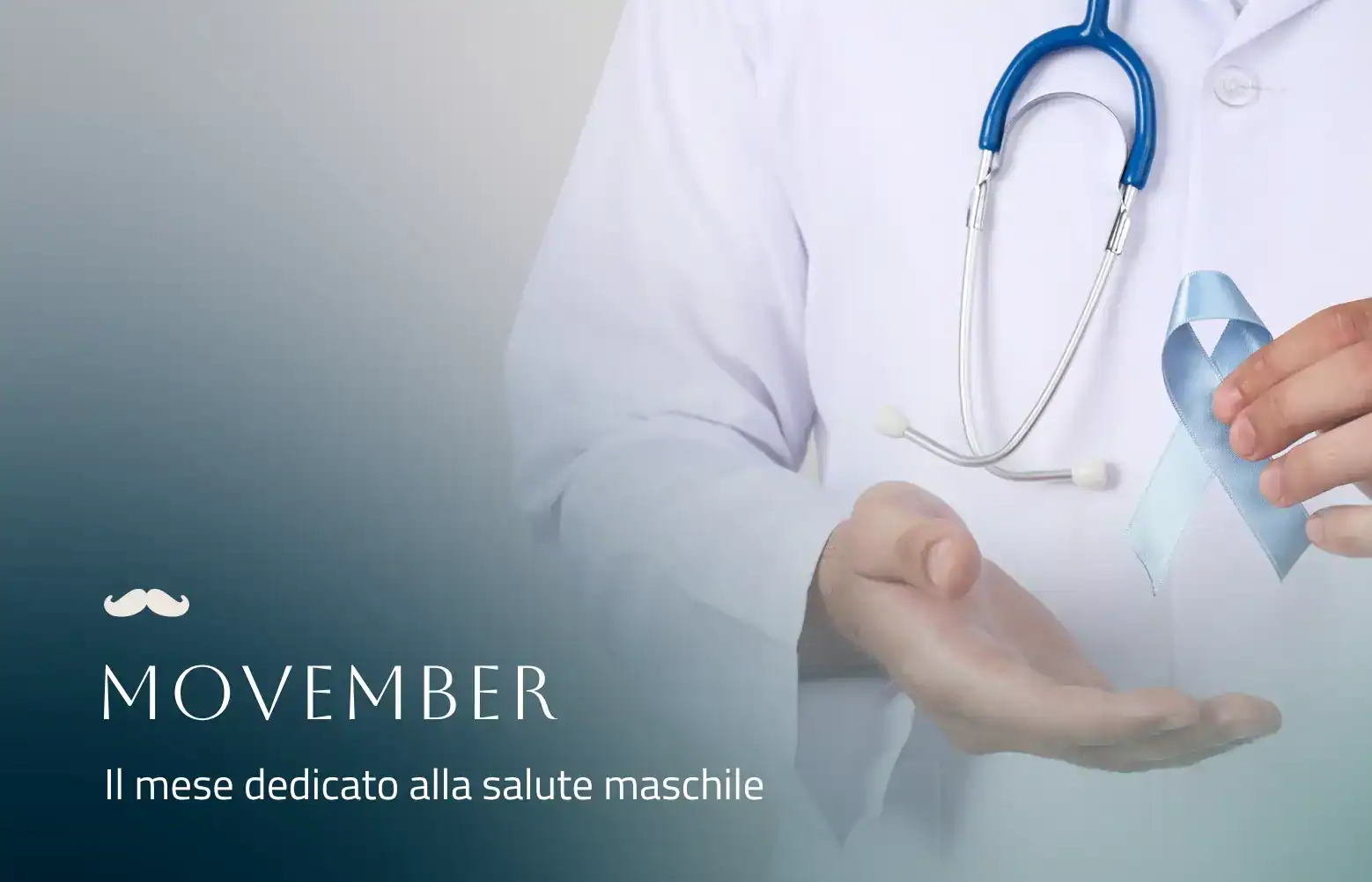 Medico con nastro azzurro per la prevenzione del tumore alla prostata, simbolo di Movember – Clinica La Quiete Varese