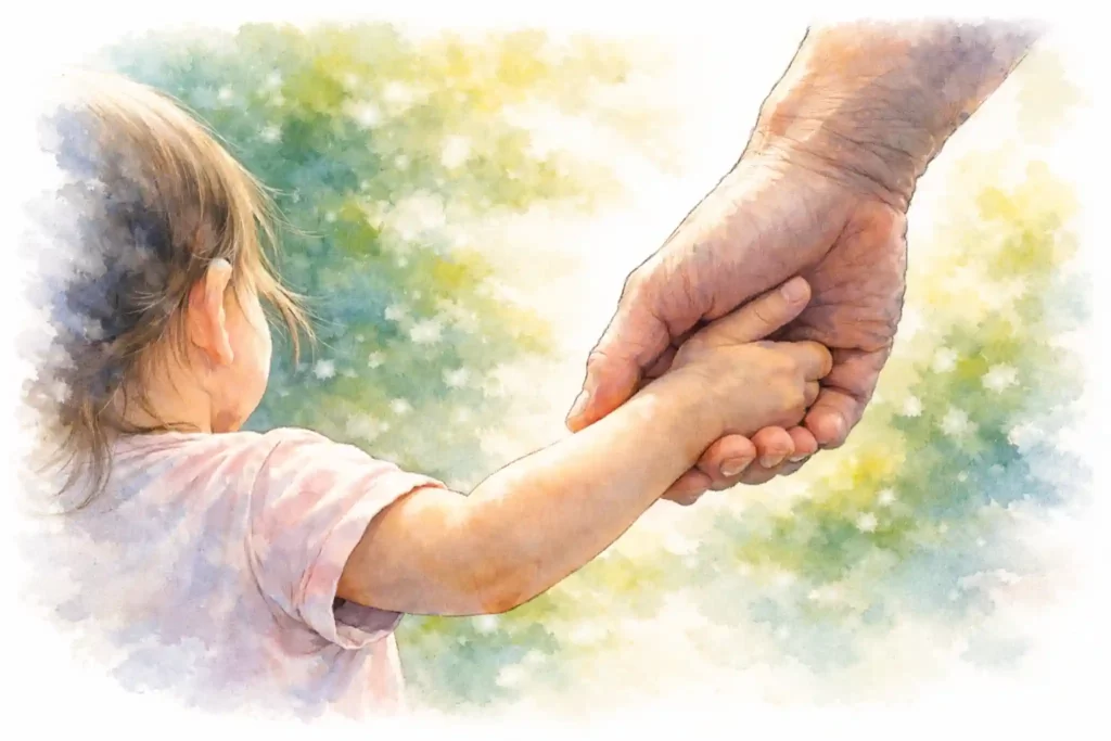 Adulto che tiene la mano di una bambina all’aperto, simbolo di cura e protezion, tema legato alla salute perdiatrica