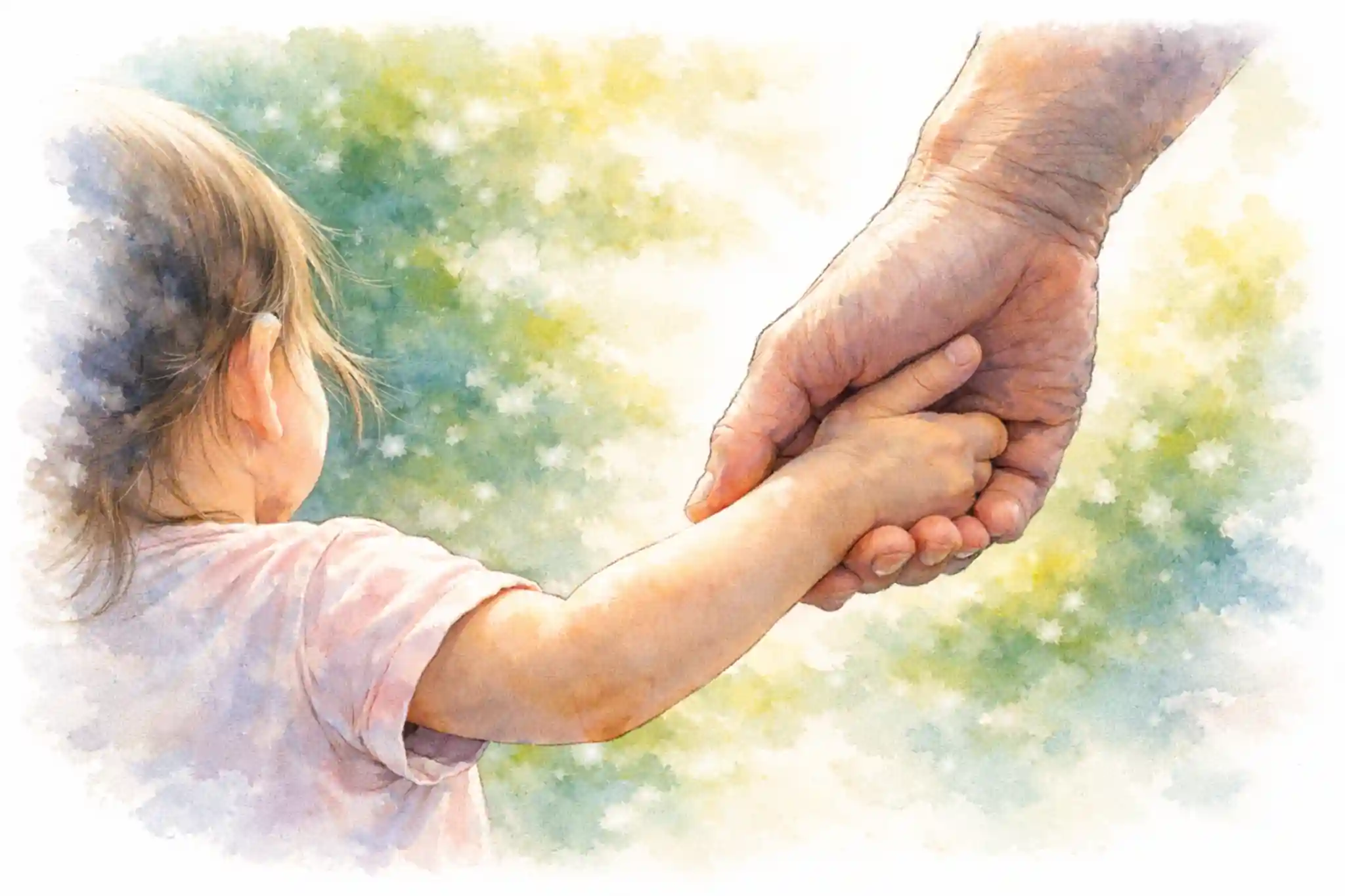 Adulto che tiene la mano di una bambina all’aperto, simbolo di cura e protezion, tema legato alla salute perdiatrica